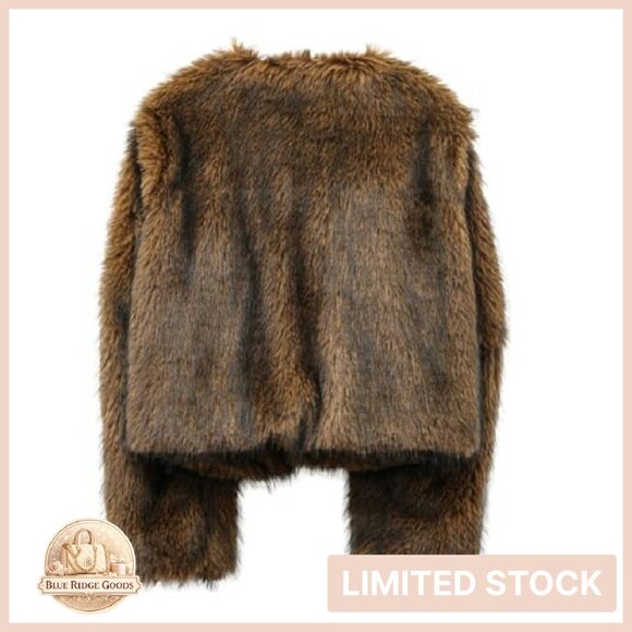 Faux Fur Cropped Coat Long Sleeve Open Front Winter Elegant Chic - Picture 4 of 7